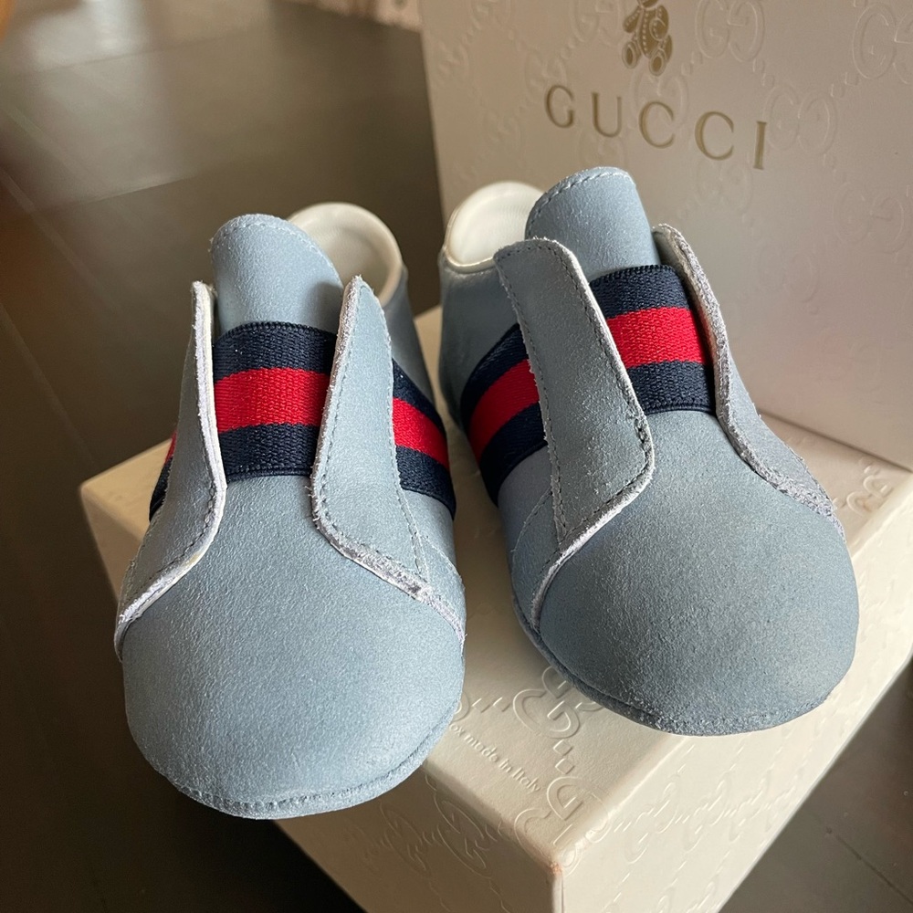 Gucci Blue and Red Baby Walker Shoes with Sporty Stripe